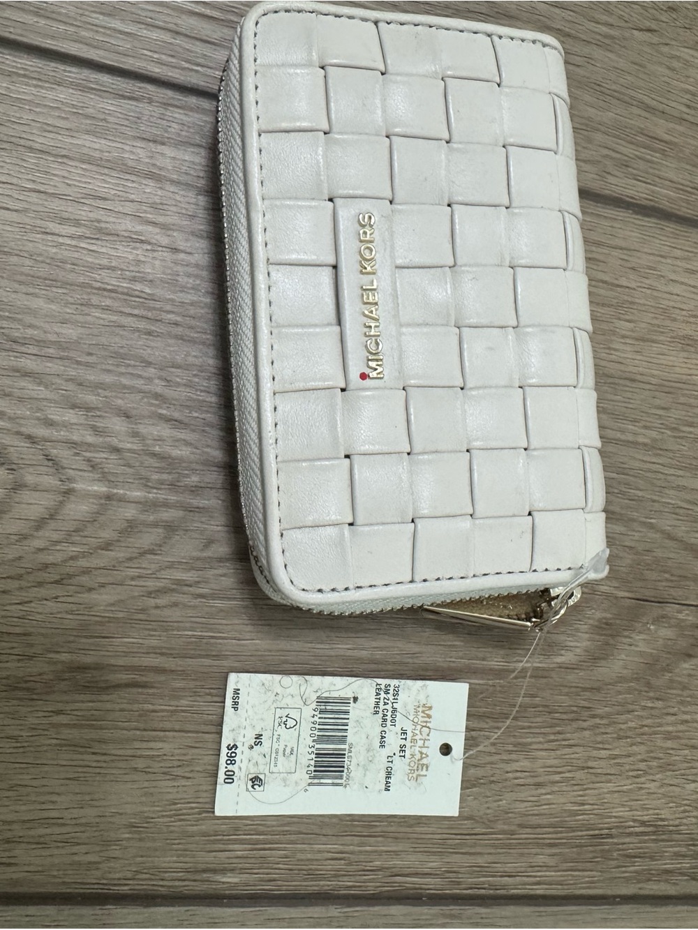 Michael Kors Cream Woven Zip Card Wallet with Gold Logo